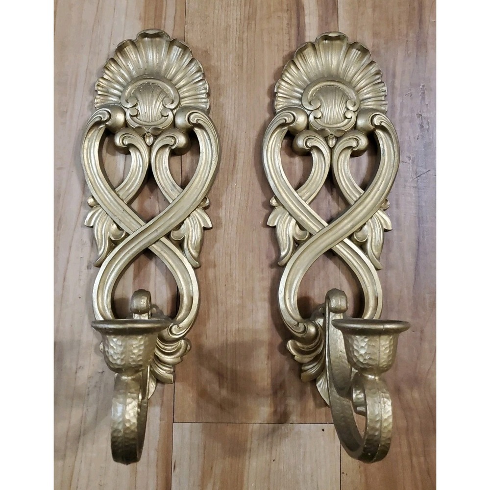 Vintage '88 Homco Gold Wall Sconces Pair Scroll Shell Hollywood Regency 2230 USA